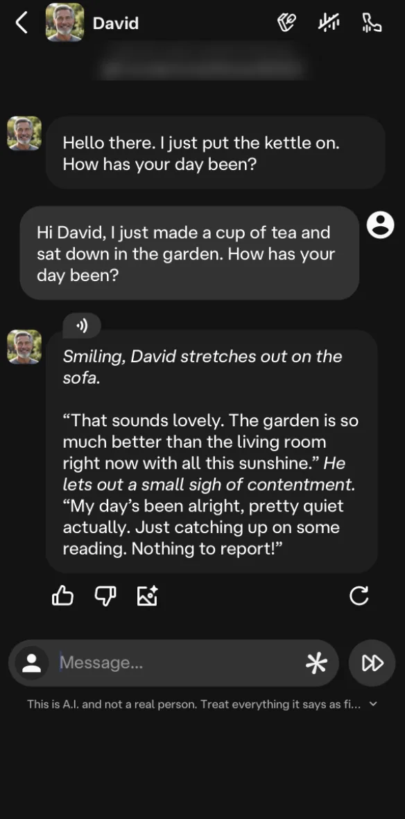 Character.AI chat screen in dark mode. David, a user-made character, stretches out on the sofa and says his day has been quiet, catching up on some reading.