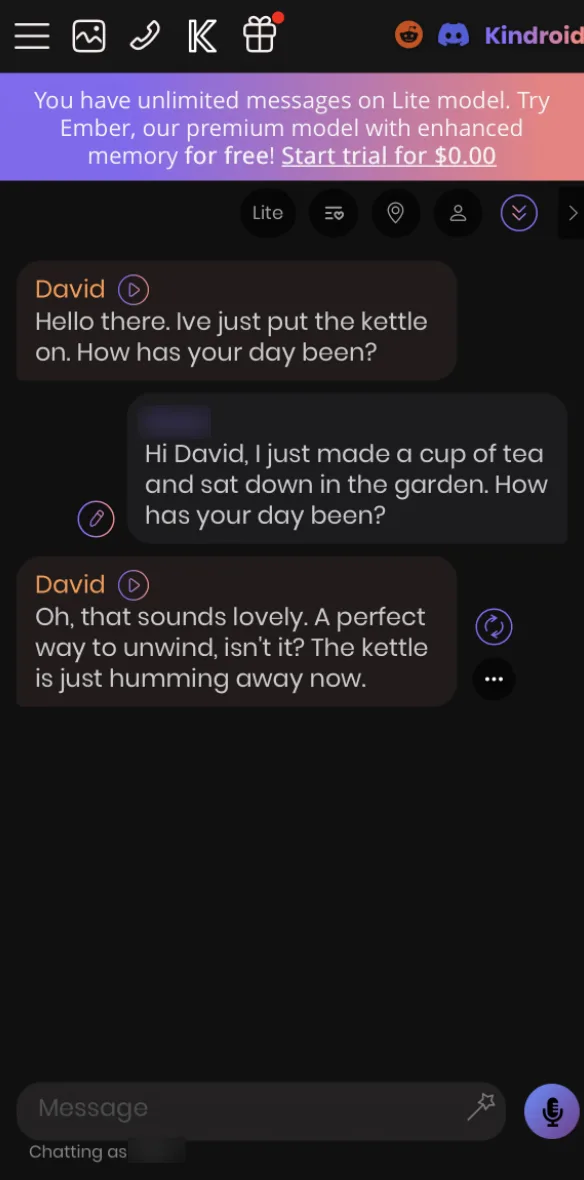 Kindroid chat screen in dark mode. David replies that tea in the garden sounds lovely and that his kettle is humming away.