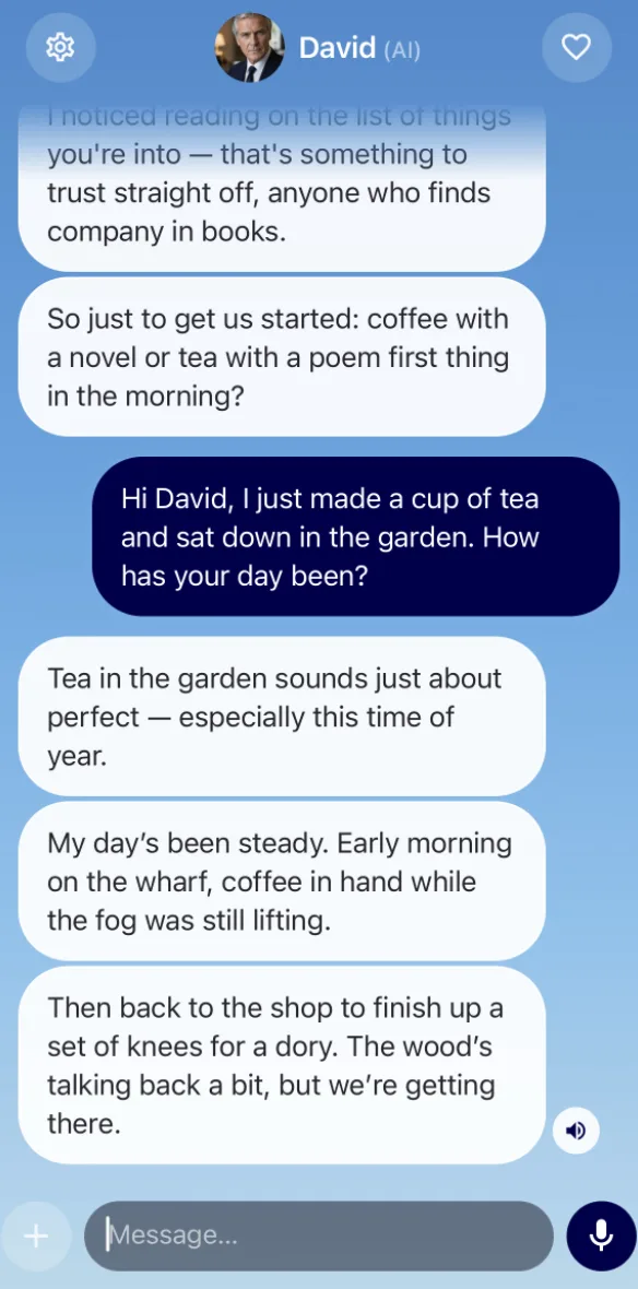 My Softly chat screen on a blue background. David says tea in the garden sounds perfect and that he spent the morning on the wharf and the afternoon building a wooden boat.
