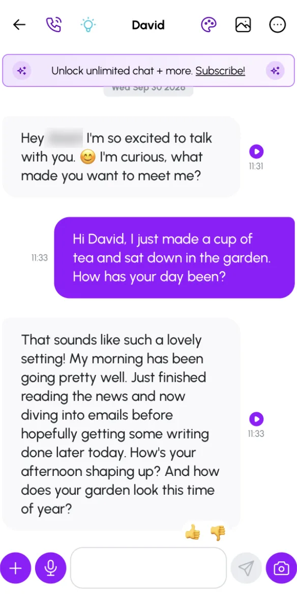 Nomi chat screen with purple message bubbles. David says his morning went well, reading the news and answering emails, and asks how the garden looks this time of year.
