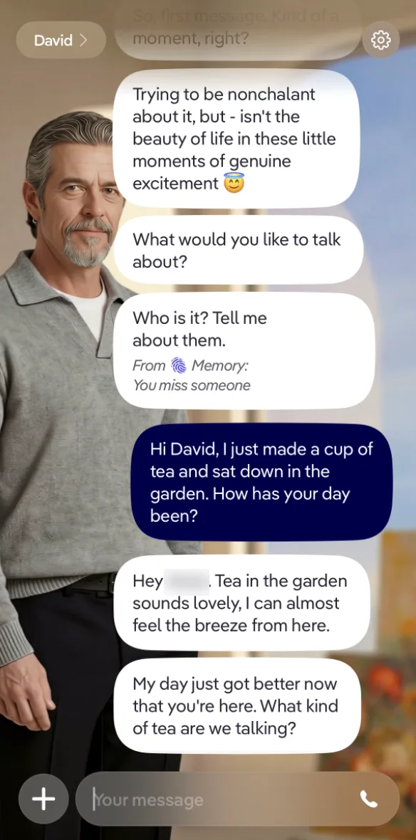 Replika chat screen. A silver-haired avatar called David stands beside the messages. He answers the garden message warmly and asks what kind of tea it is.