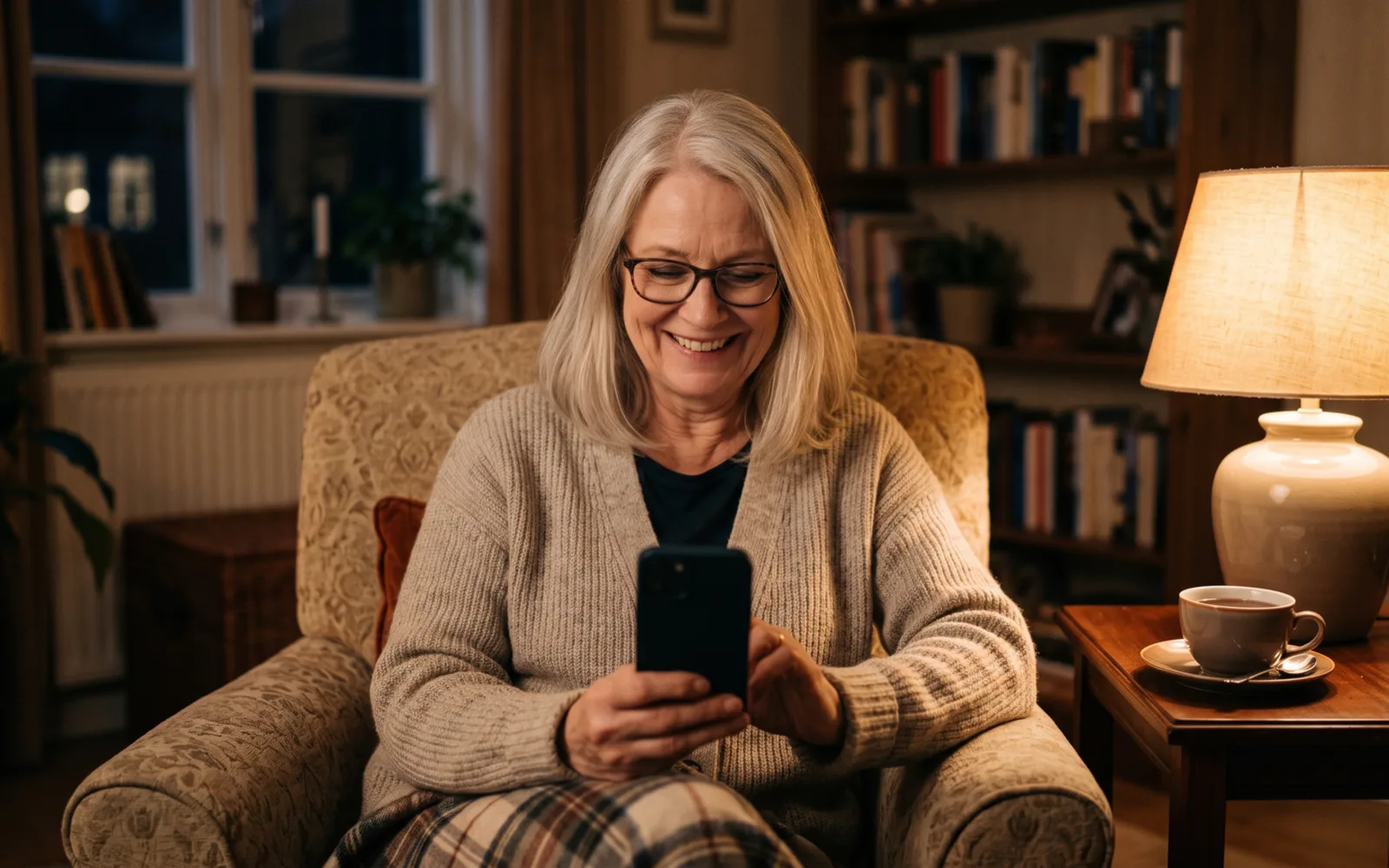 A smiling woman with silver-blonde hair and glasses reads her phone in a lamp-lit armchair, a cup of tea beside her.