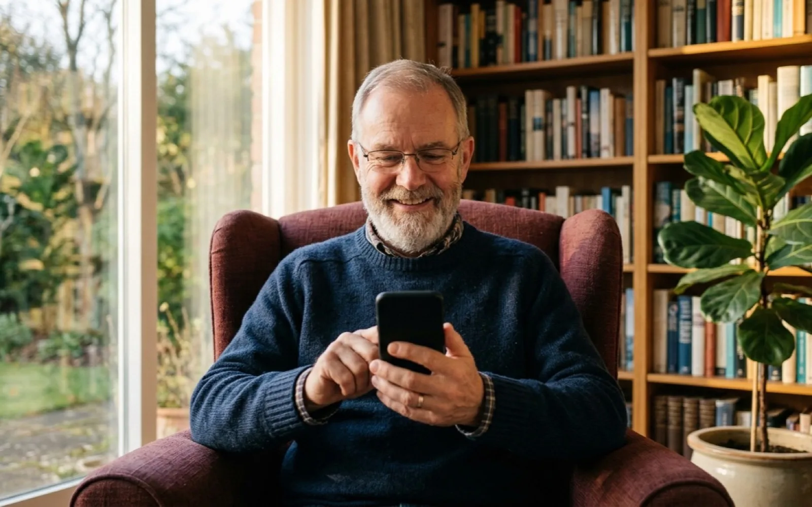 A grey-bearded man in a navy jumper smiles as he types on his phone in an armchair beside a bookcase.