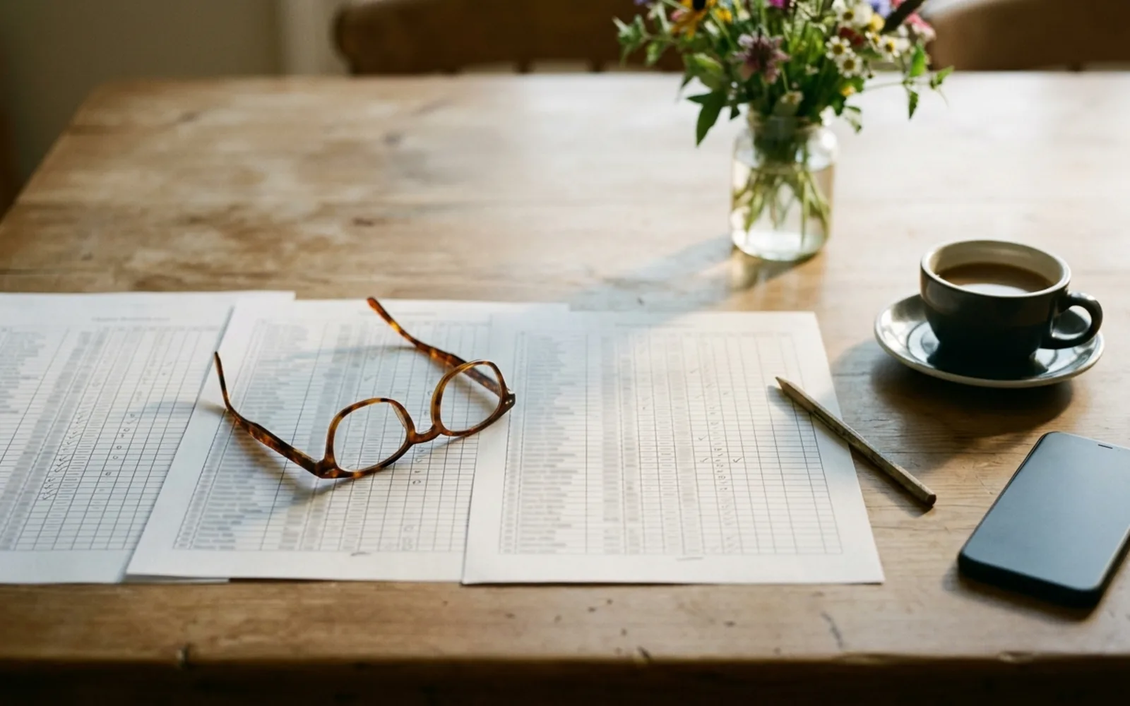 Three printed pages of long ticked lists, a pair of tortoiseshell reading glasses, a pencil, a cup of coffee and a phone on a sunlit wooden table beside a jar of wildflowers.