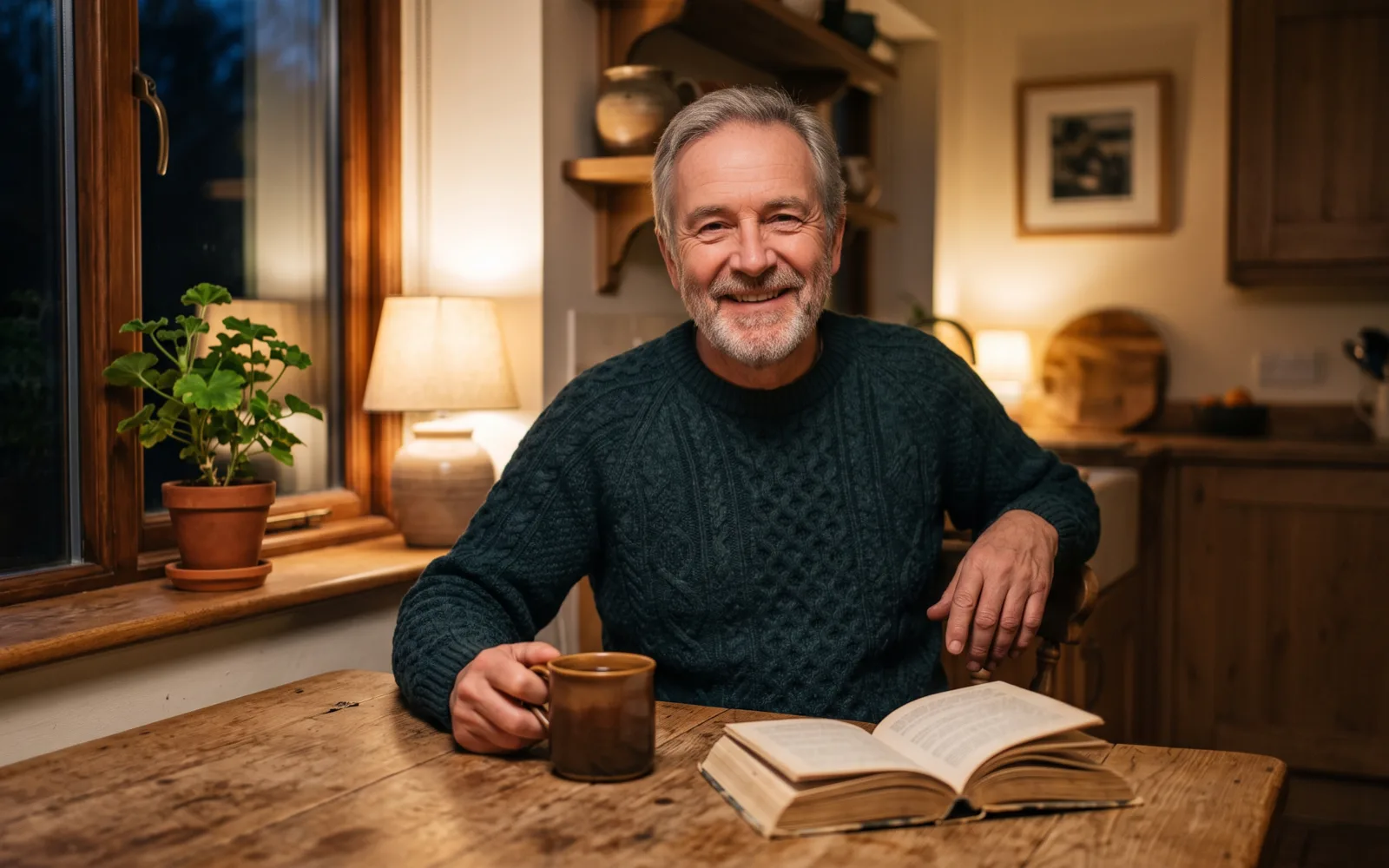 A smiling grey-bearded man in a green jumper sits at a kitchen table in the evening with a mug and an open book.
