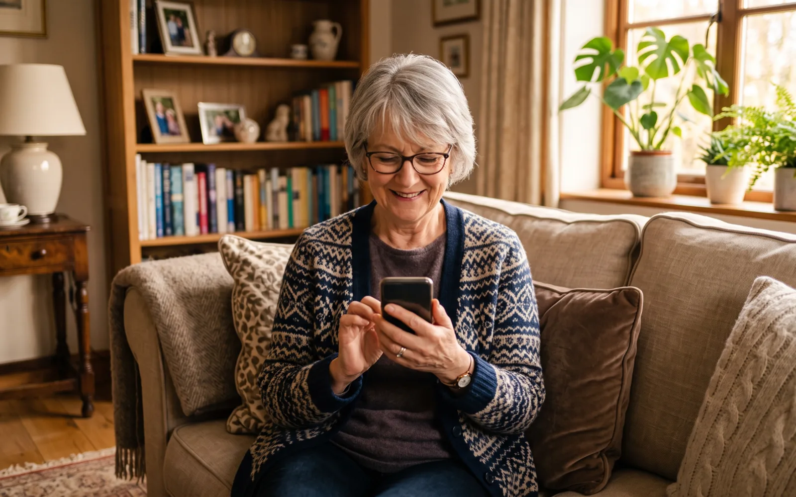A woman with short grey hair and glasses smiles at her phone on a sofa in a bright, book-lined living room.