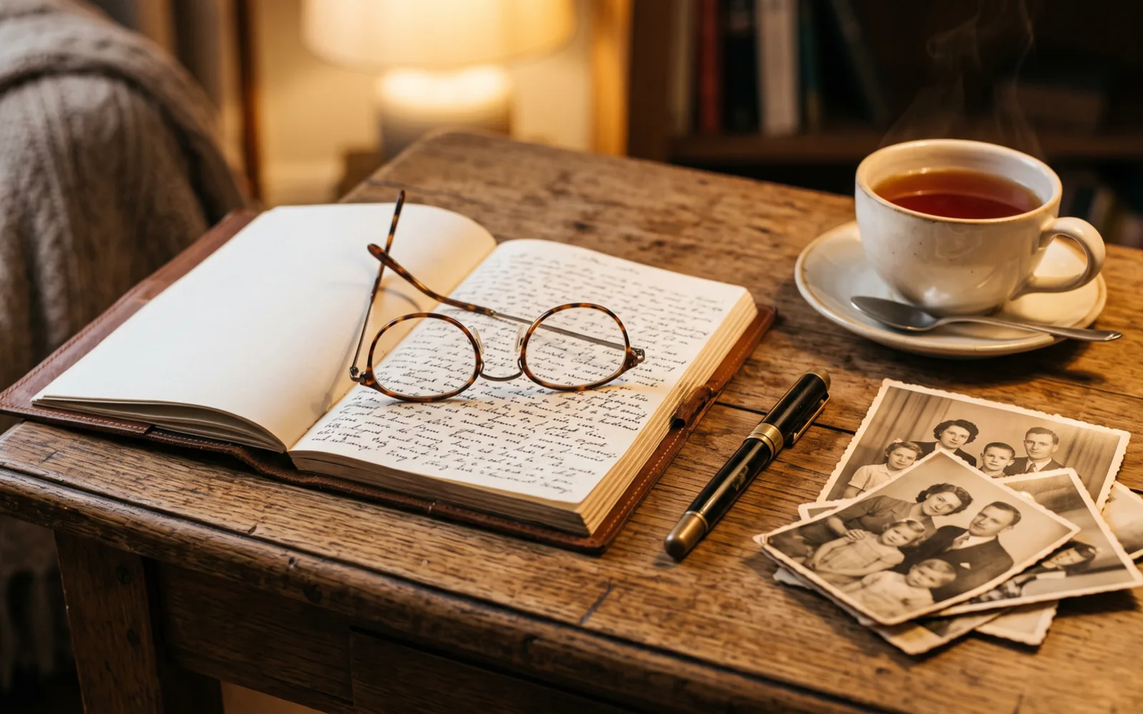An open handwritten notebook with reading glasses, a fountain pen, old family photographs and a cup of tea on a wooden table.