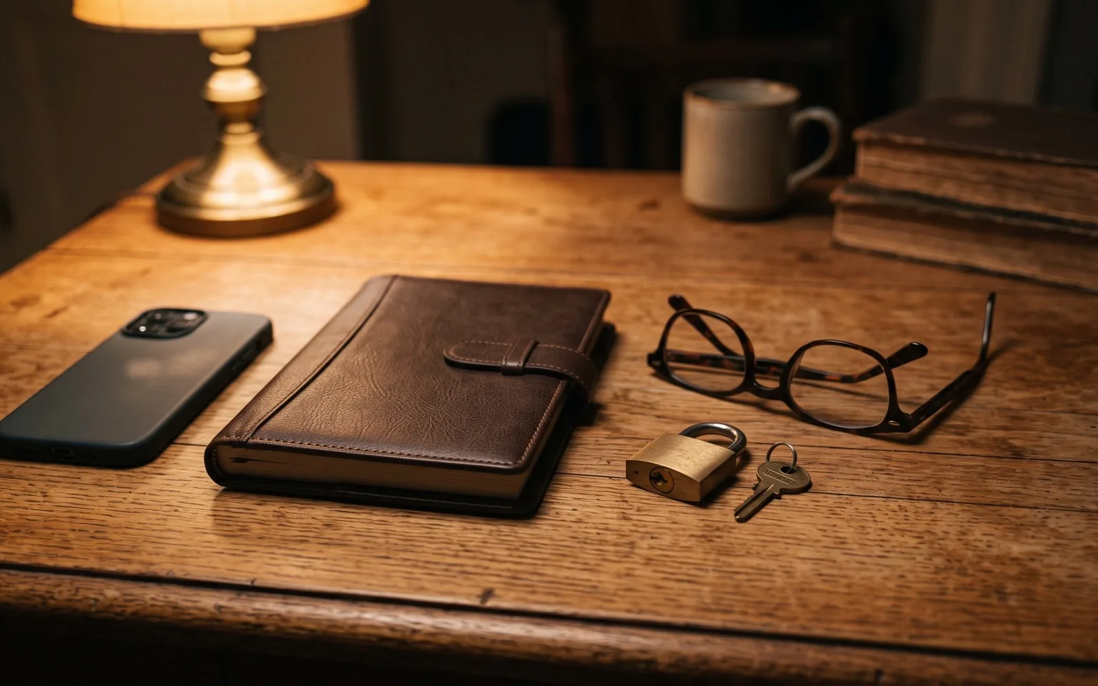 A phone, a leather notebook, a brass padlock and key and a pair of glasses on a lamp-lit wooden desk.