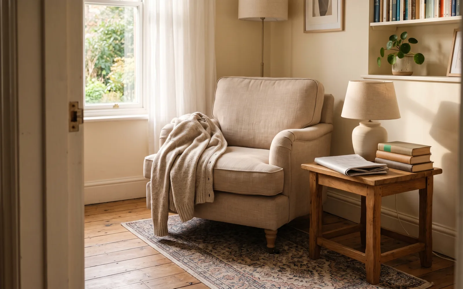 A bright living room seen through a doorway, with an armchair, a draped cardigan and a side table with a lamp and books.