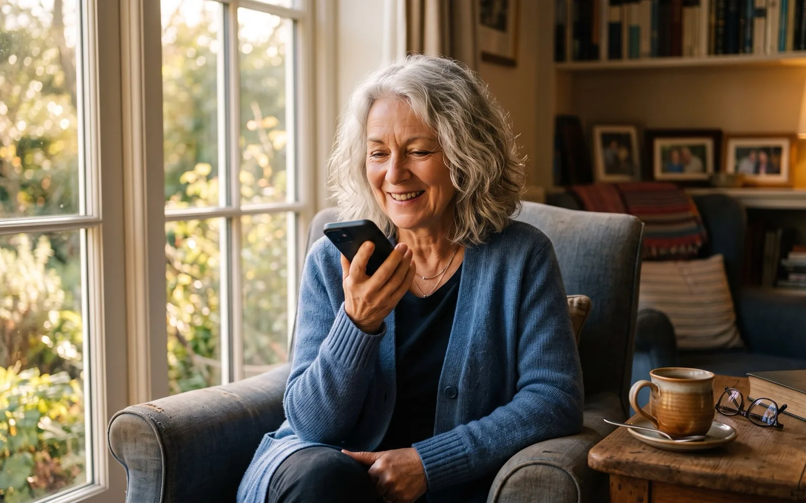 A smiling woman with wavy grey hair speaks into her phone in an armchair by a sunny window, a cup of tea and glasses beside her.