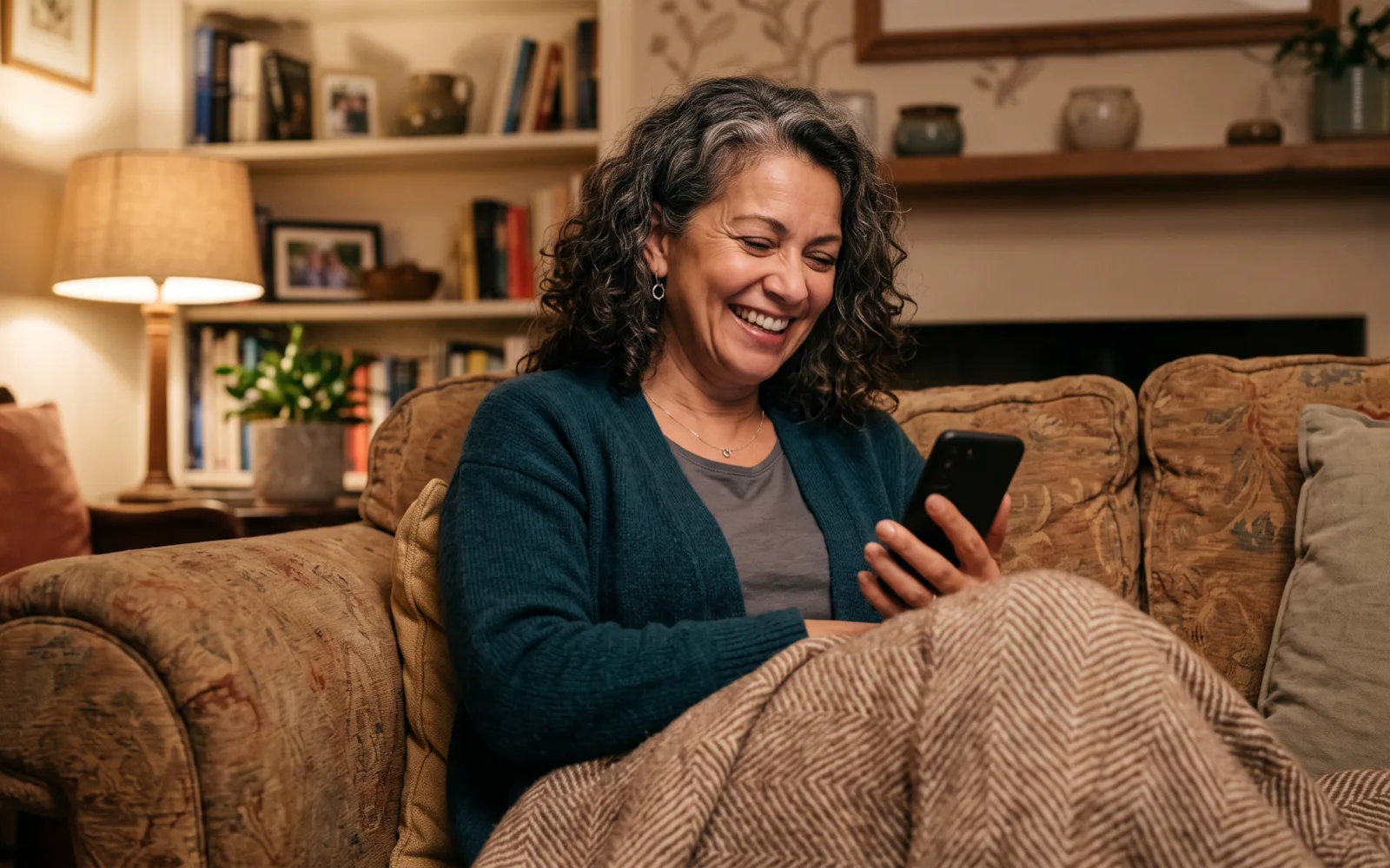 A woman with curly dark-and-grey hair laughs at her phone on a sofa, a blanket over her knees.