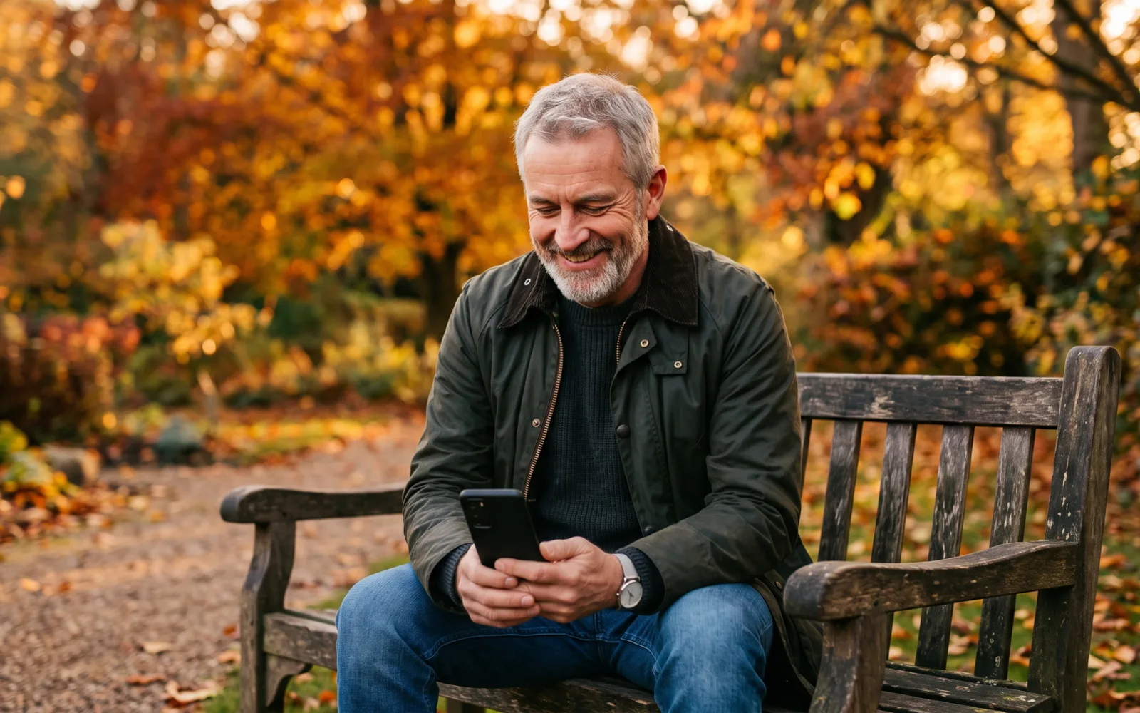 A grey-bearded man in a wax jacket smiles at his phone on a wooden garden bench among autumn trees.
