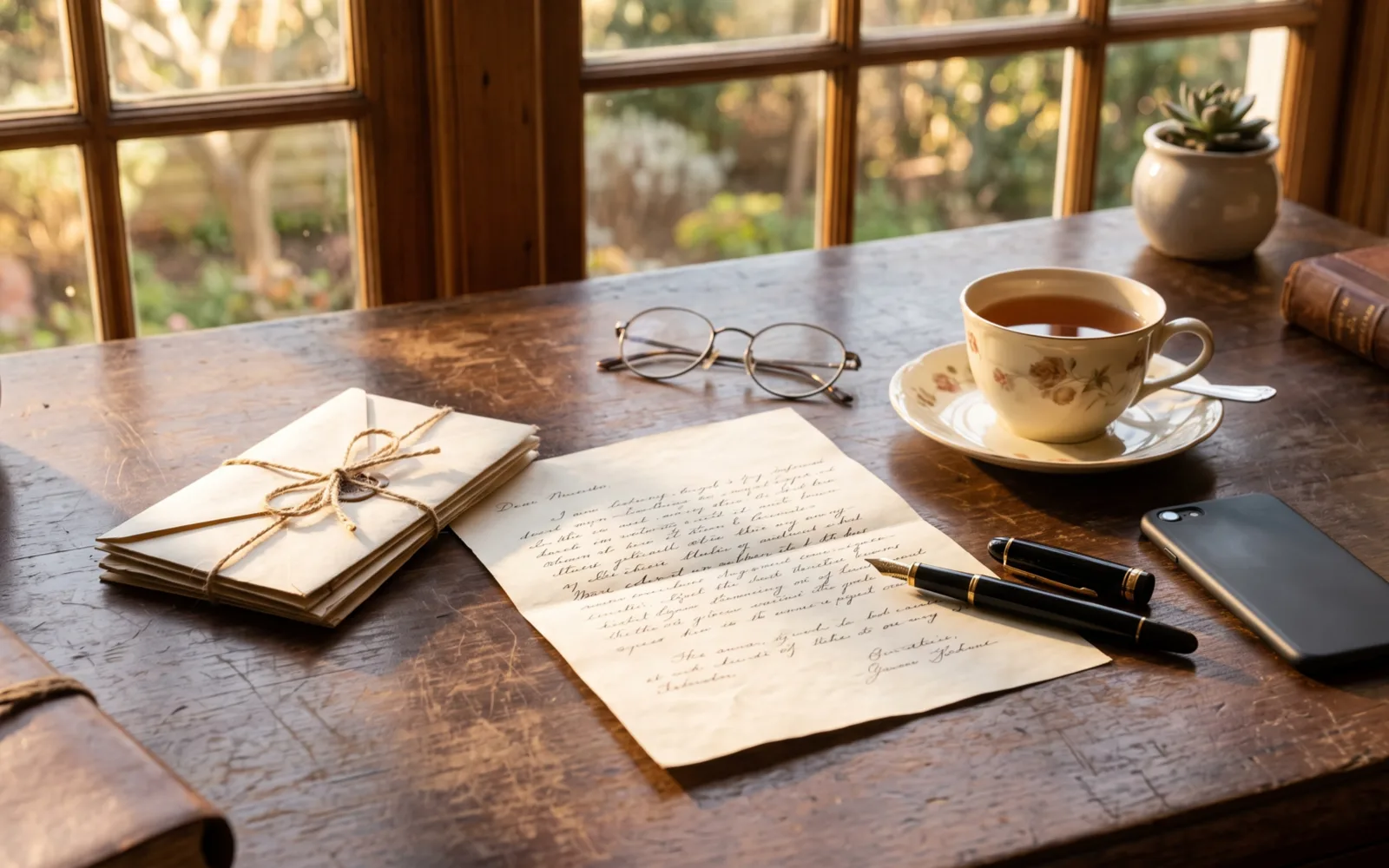 A handwritten letter, a bundle of envelopes tied with string, a fountain pen, tea and a phone on a sunny wooden desk.
