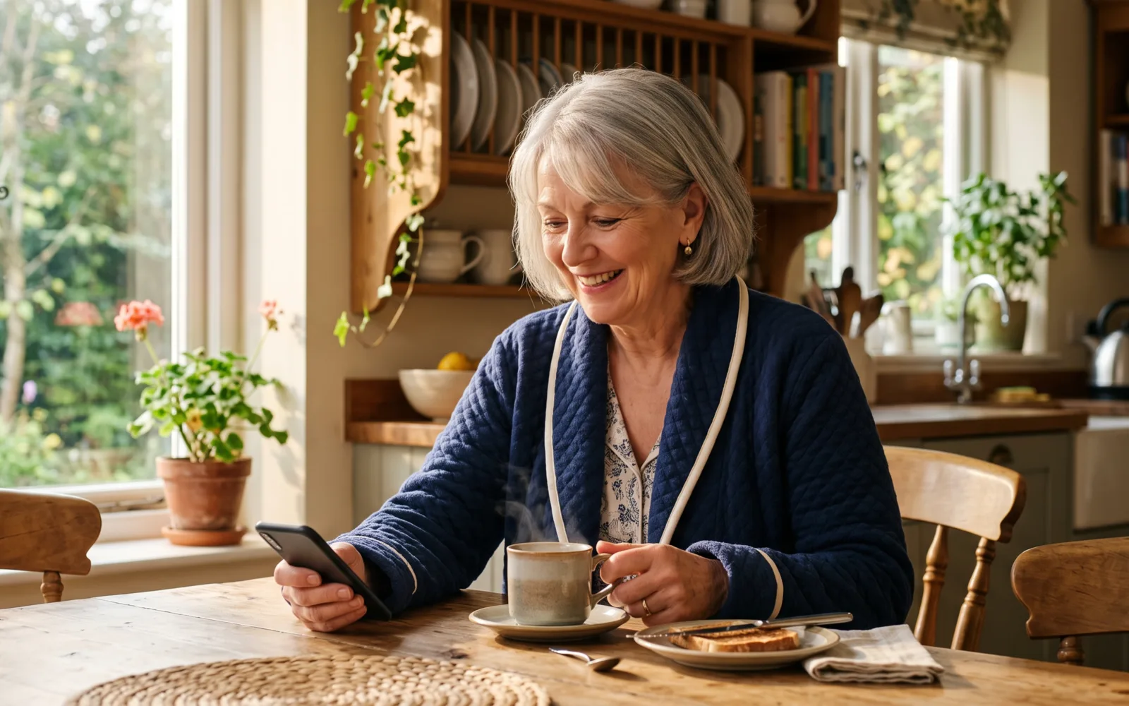 A woman with a grey bob smiles at her phone over morning coffee at a sunny kitchen table.