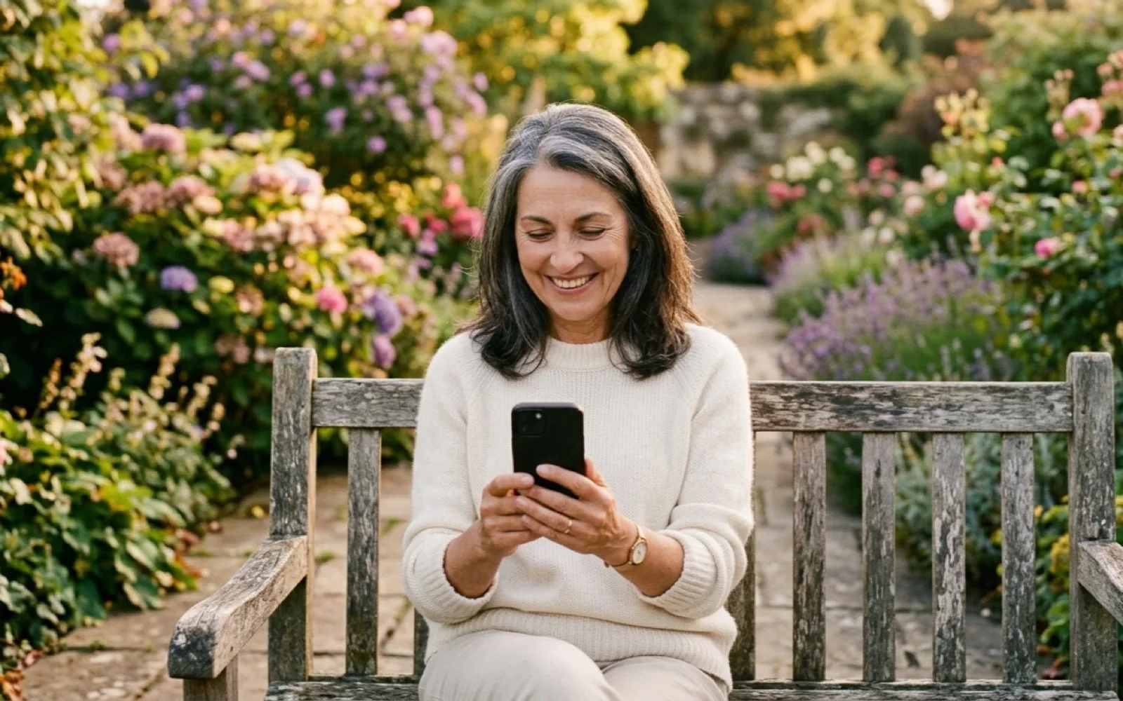 A woman with dark, greying hair in a cream jumper smiles at her phone on a wooden bench in a flowering garden.