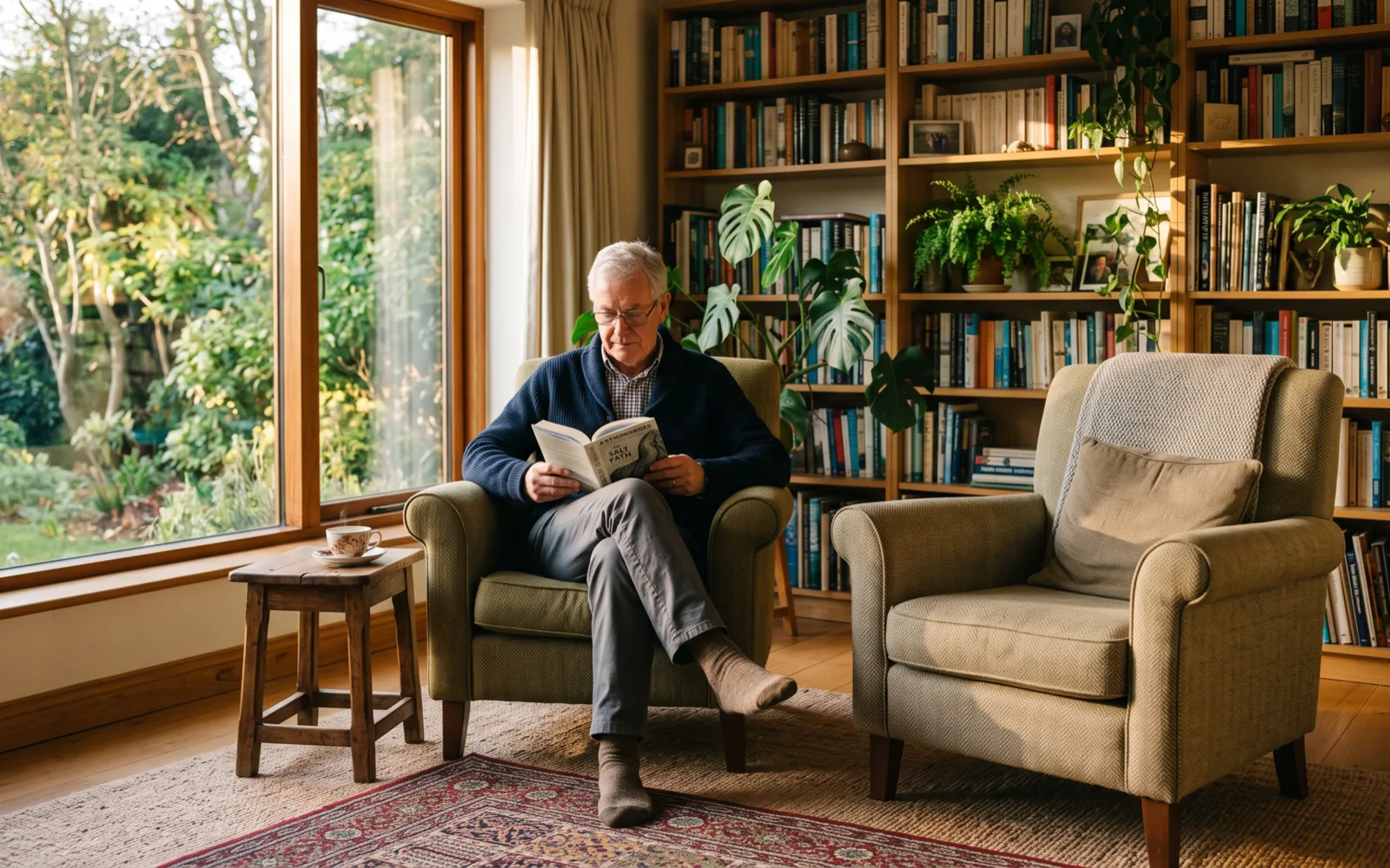 A man in his sixties reads a book in an armchair by a large garden window, with bookshelves and houseplants around him.