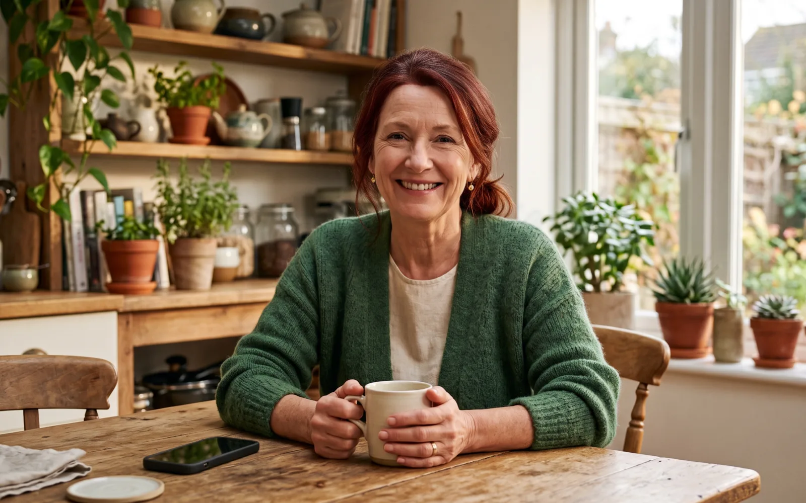 A smiling woman with auburn hair holds a mug at a kitchen table, her phone face down beside her.