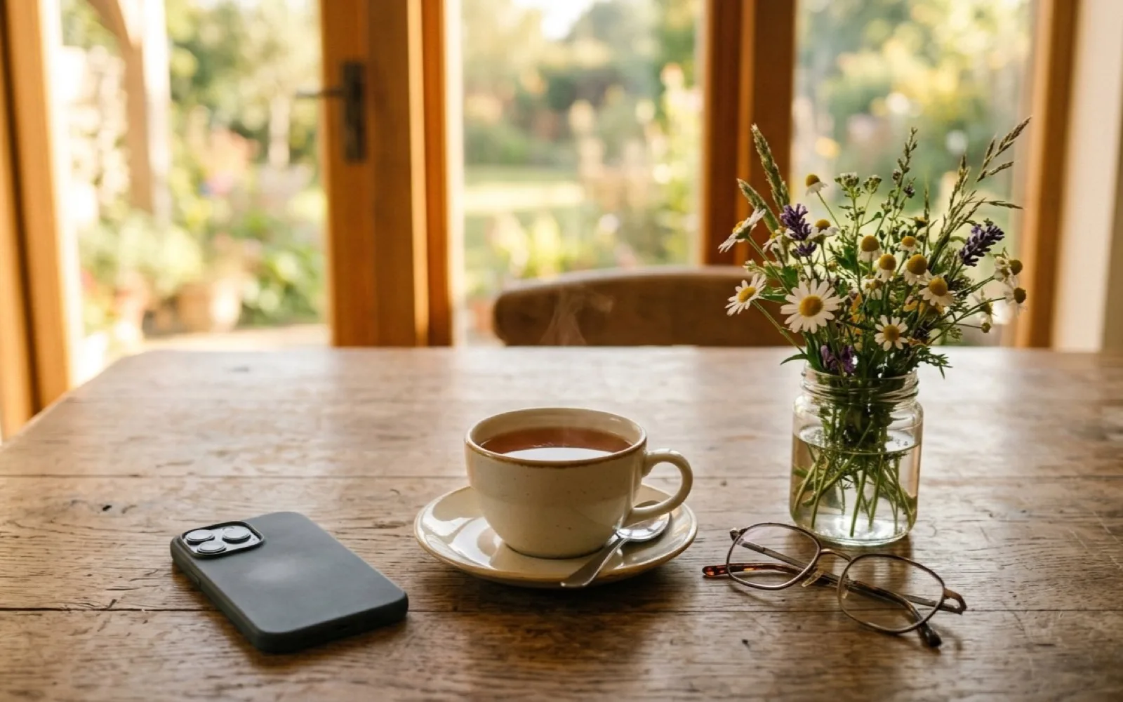 A cup of tea, reading glasses, a jar of wild flowers and a face-down phone on a wooden table by a sunny window.