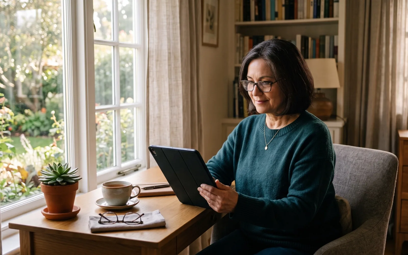 A woman with glasses reads a tablet at a desk by a garden window, a cup of tea and a small succulent beside her.
