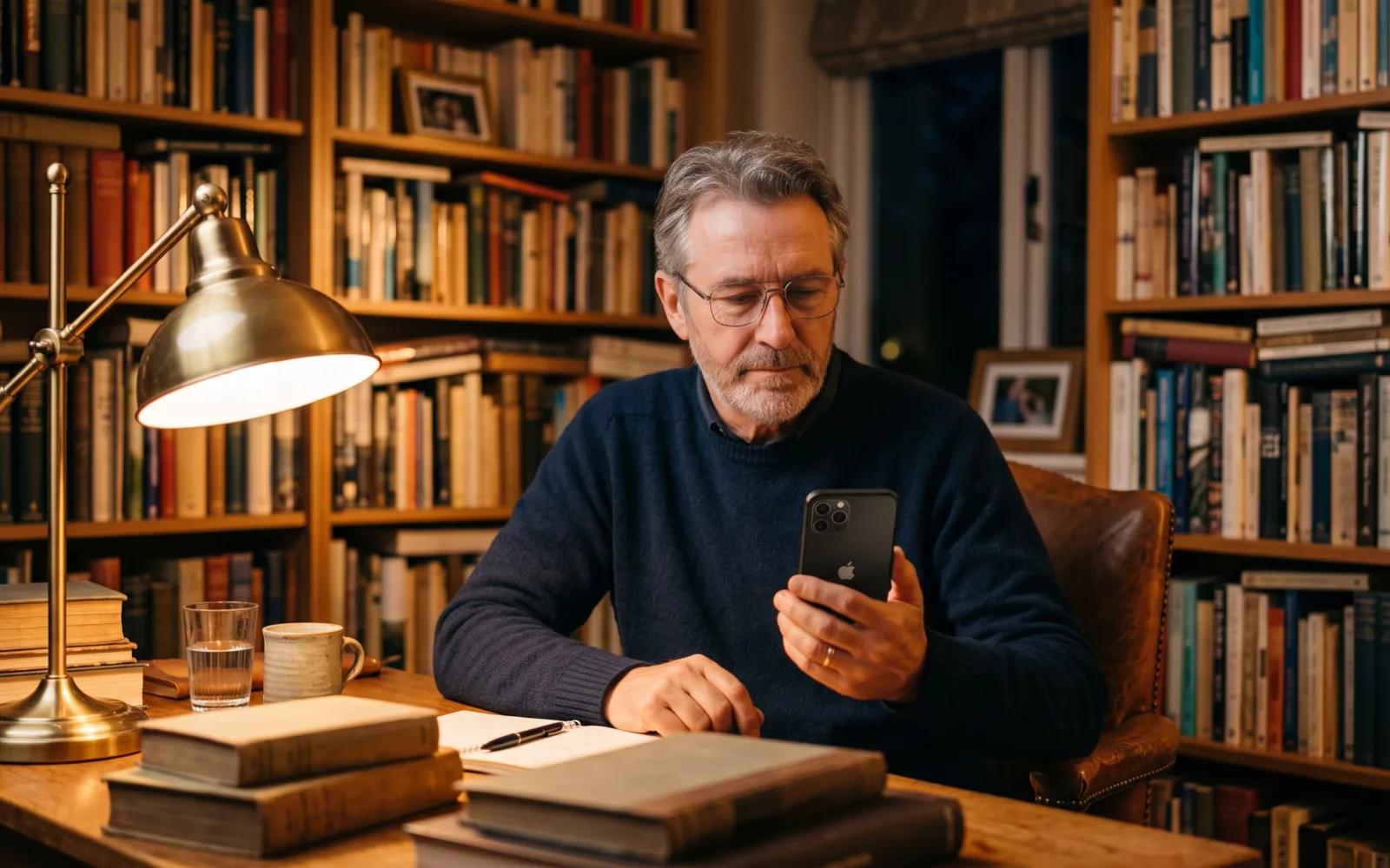 A man with glasses looks thoughtfully at his phone at a desk in a book-lined study lit by a brass lamp.