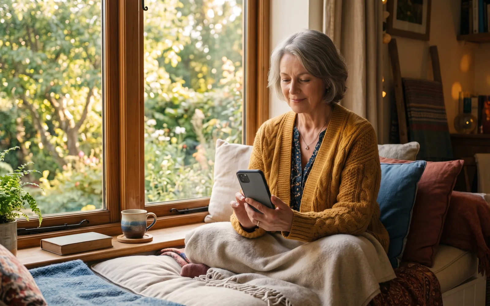 A woman in a mustard cardigan reads her phone on a cushioned window seat overlooking a garden.