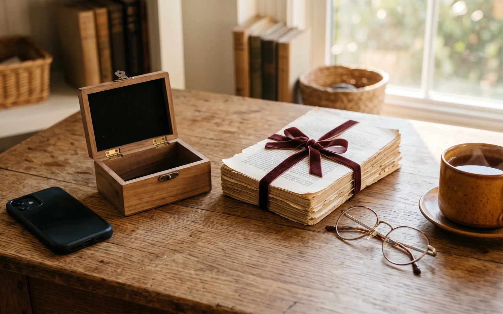 An open wooden keepsake box, a bundle of pages tied with a velvet ribbon, glasses, a cup of tea and a phone on a sunny desk.