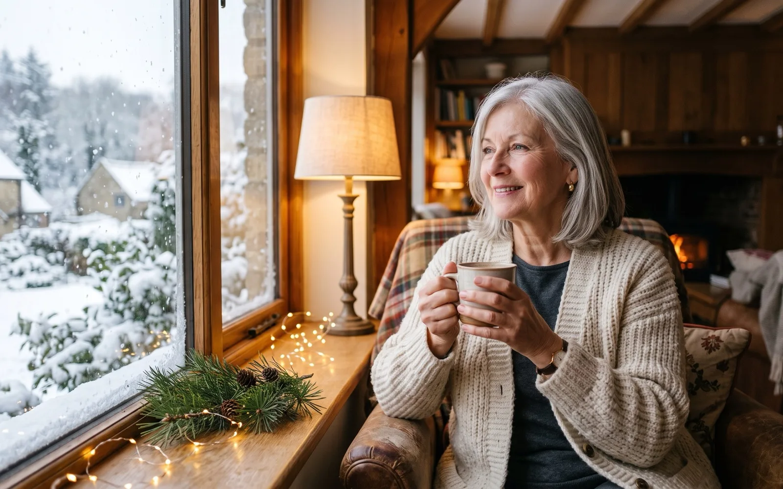 A silver-haired woman in a cream cardigan smiles out at falling snow, holding a mug beside a windowsill of pine sprigs and fairy lights.