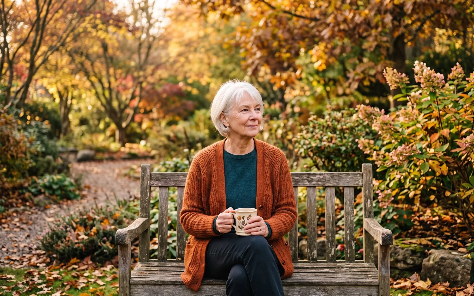 A white-haired woman in a rust cardigan sits on a garden bench among autumn leaves, holding a mug with a small smile.