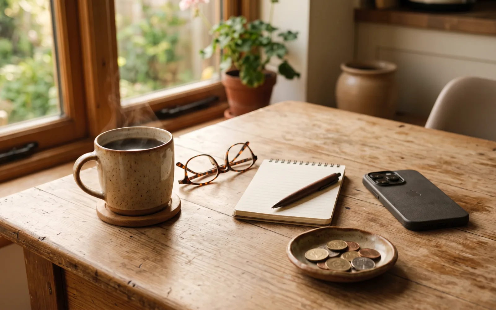 A cup of coffee, reading glasses, a blank notepad, a dish of coins and a face-down phone on a wooden kitchen table.