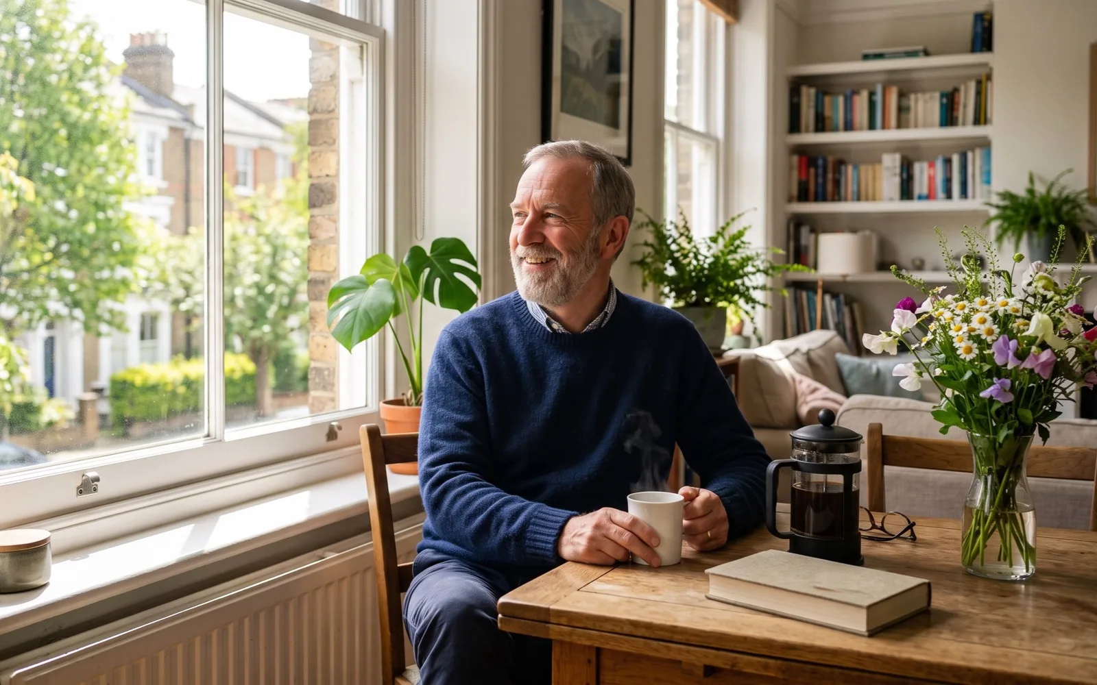 A grey-bearded man in a navy jumper smiles out of a sunny window at his table, with coffee, a book and a vase of wildflowers.