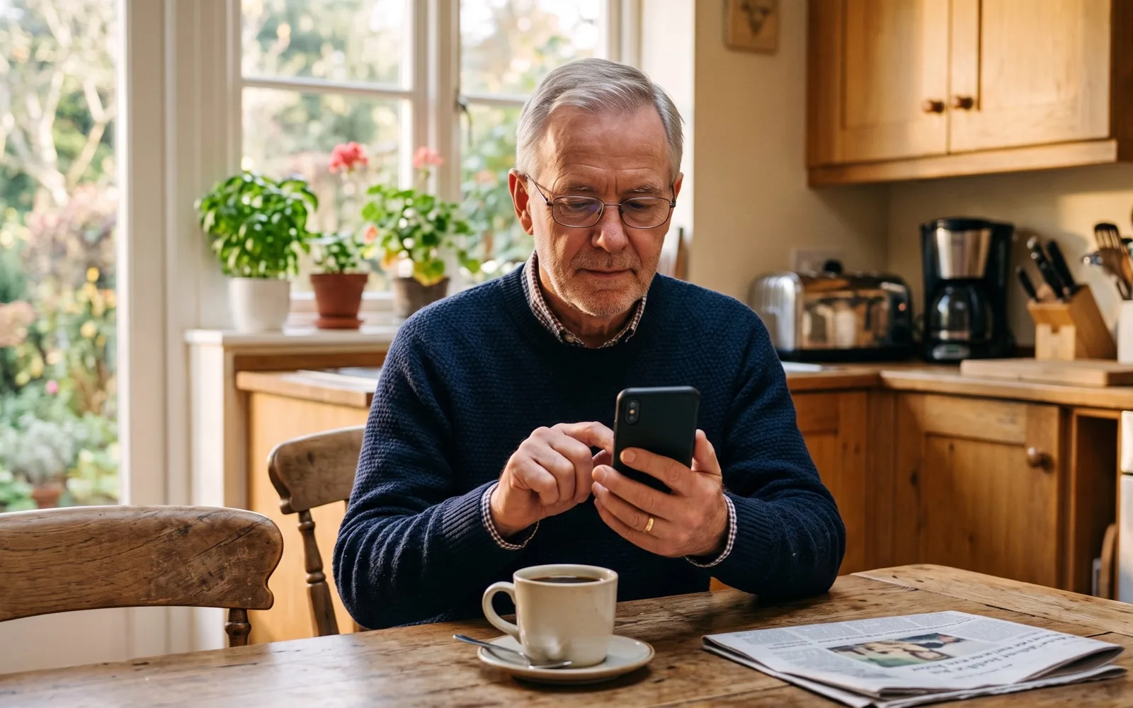 A man with glasses taps his phone at a kitchen table in morning light, a cup of coffee and a newspaper in front of him.