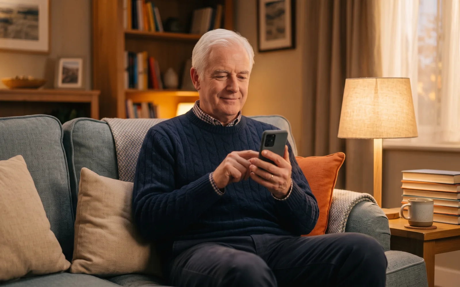 A white-haired man in a navy jumper types on his phone on a sofa beside a lamp.