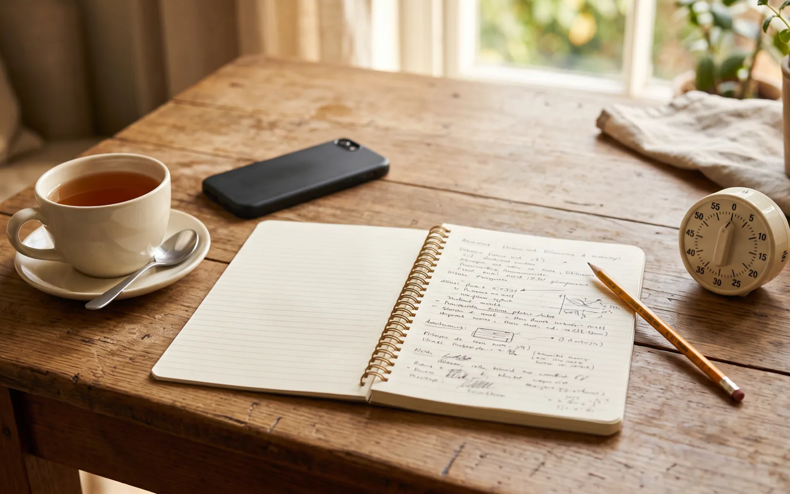 An open spiral notebook of notes, a pencil, a kitchen timer, a cup of tea and a face-down phone on a wooden table.