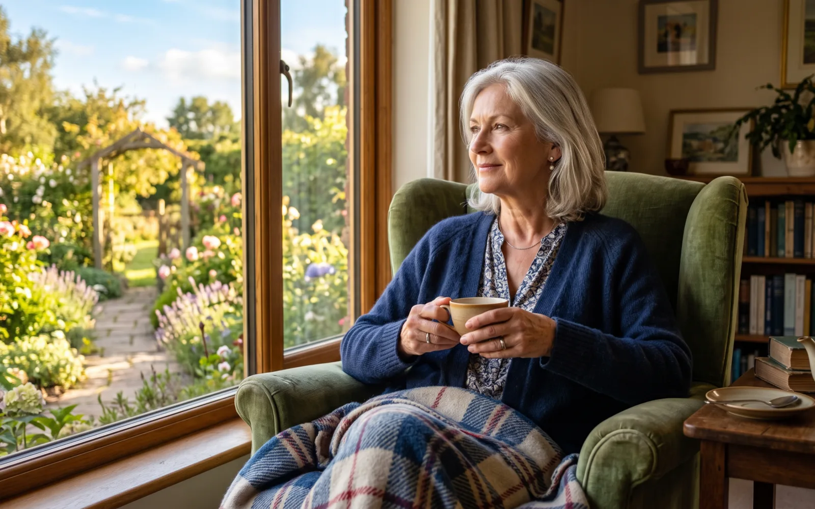 A silver-haired woman holds a cup of tea in an armchair and looks out at a sunny garden.