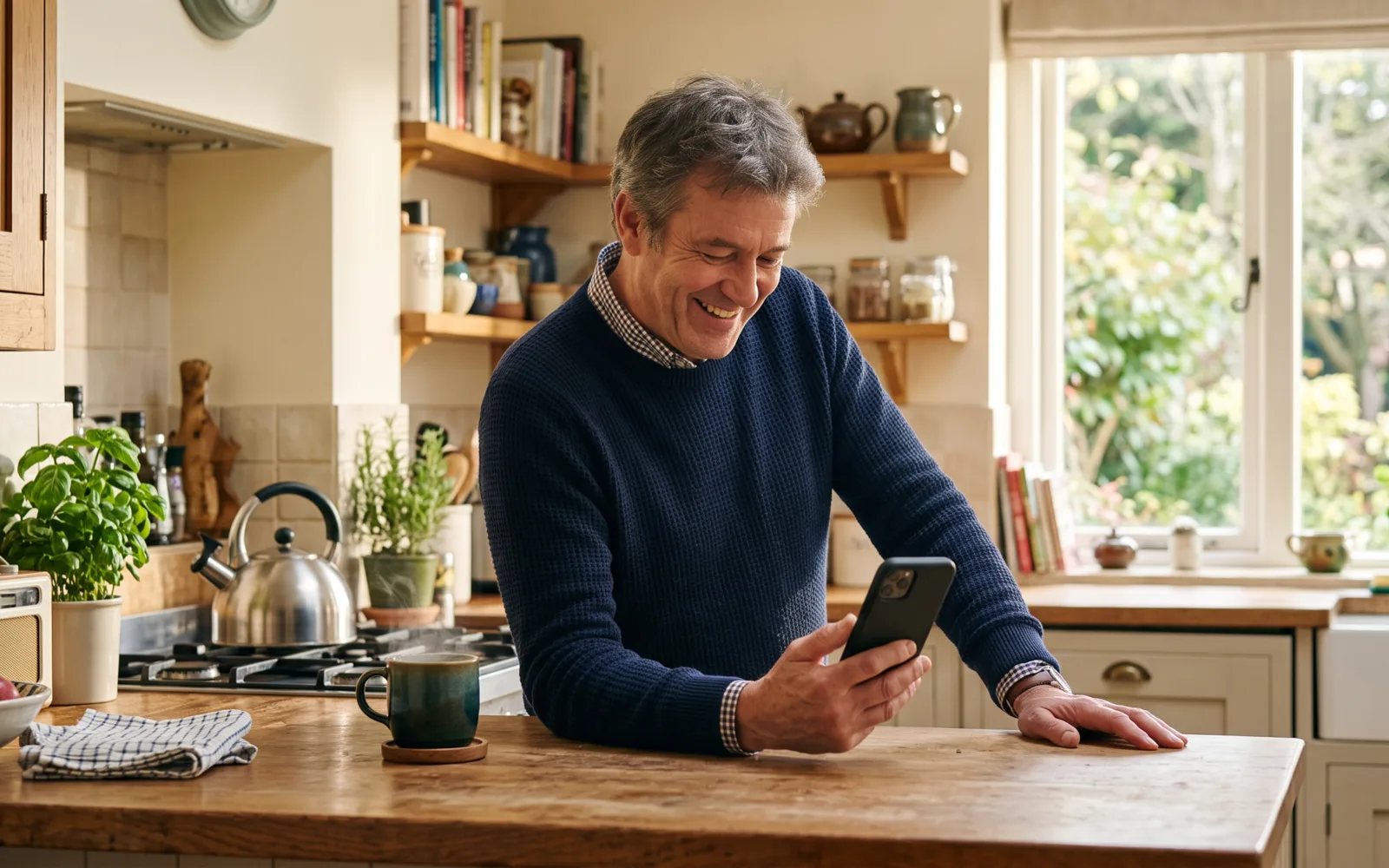 A man leans on a kitchen counter and laughs at something on his phone, a kettle and a mug beside him.