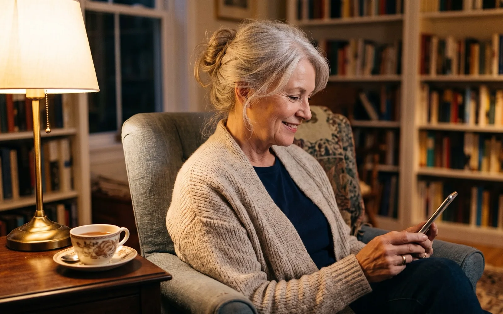 A silver-haired woman in an oatmeal cardigan smiles at her phone in a lamp-lit armchair, a cup of tea on the table beside her and bookshelves behind.