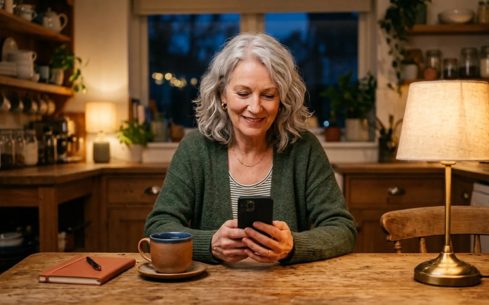 A woman with wavy silver hair smiles at her phone at a lamp-lit kitchen table in the evening, a cup of tea beside her.