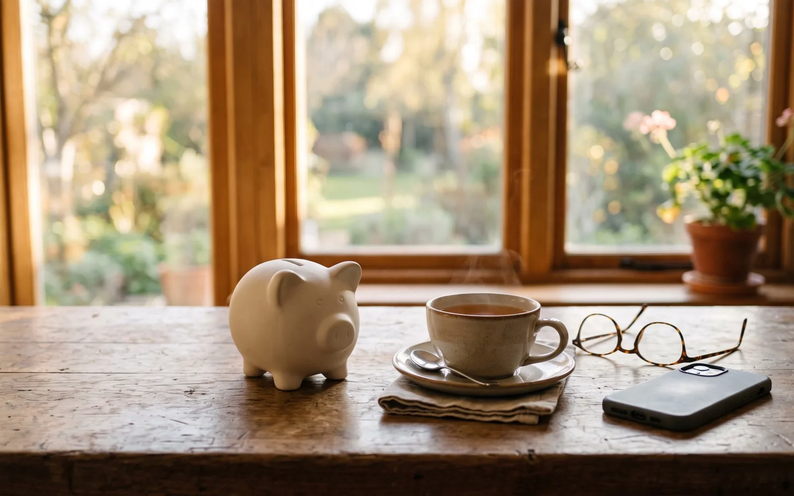 A white piggy bank, a cup of tea, reading glasses and a phone on a wooden table in front of a sunny window.