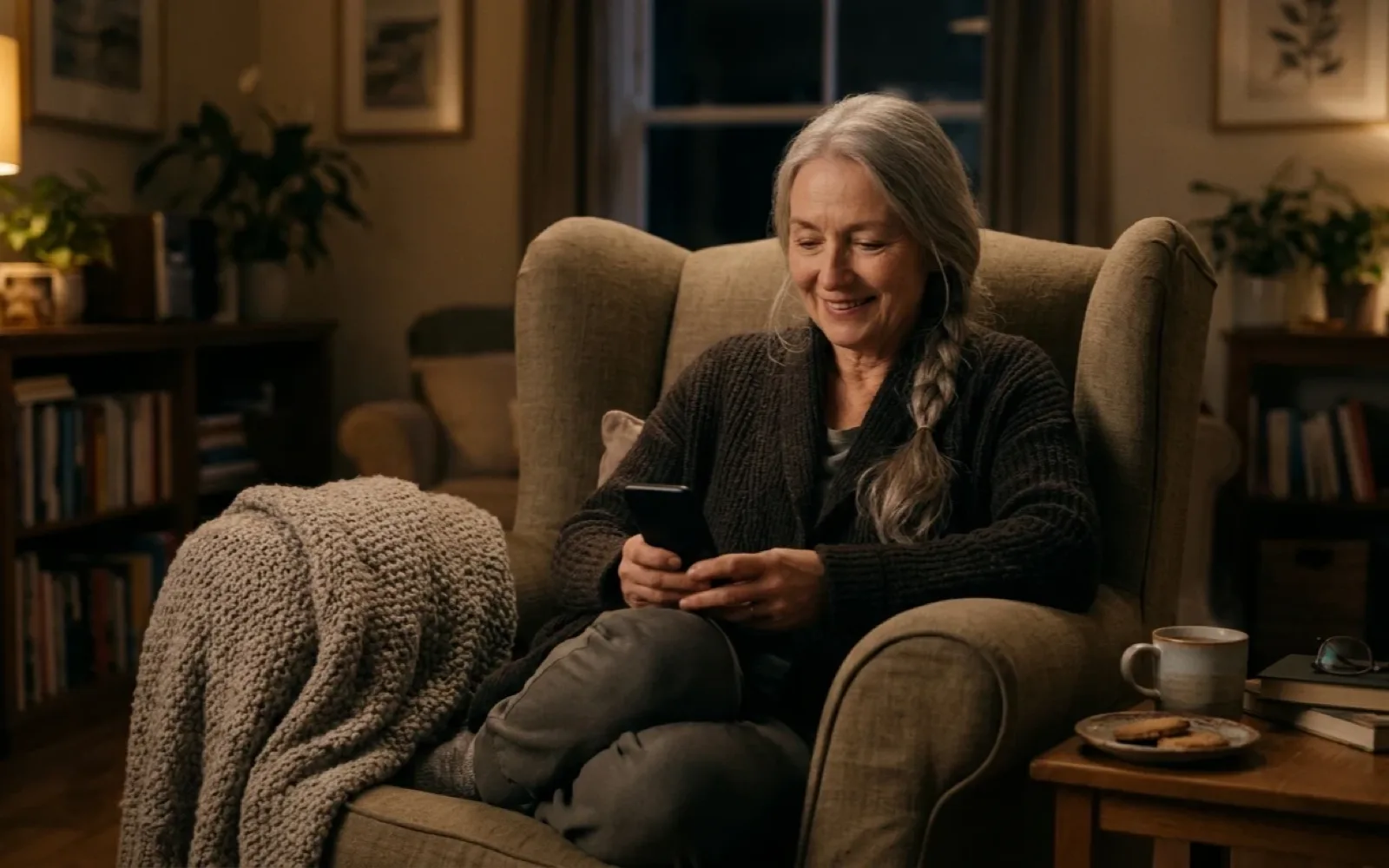 A woman with a long grey plait smiles at her phone in a lamp-lit armchair, a knitted throw, tea and biscuits beside her.