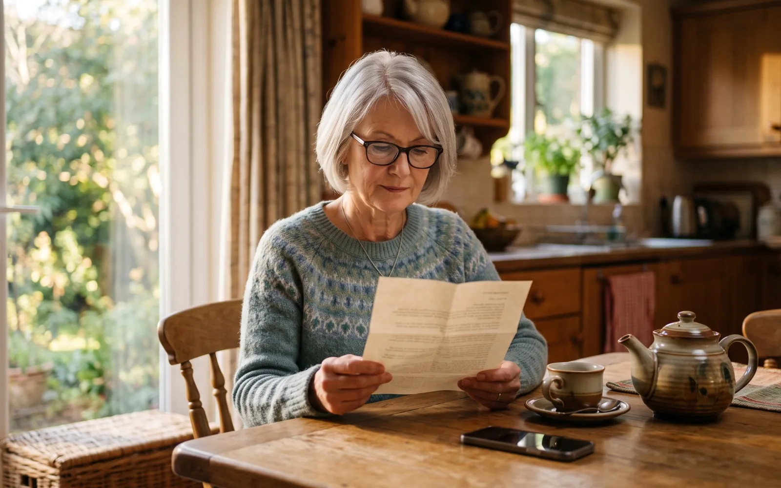 A woman with silver hair and glasses reads a letter at a kitchen table, her phone and a teapot beside her.
