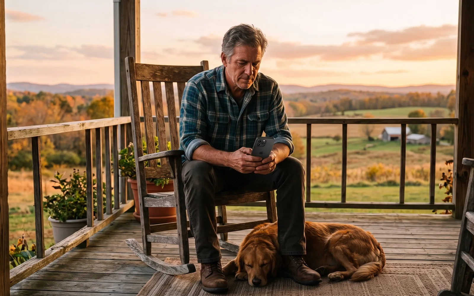 A man in a checked shirt looks at his phone in a rocking chair on a porch at sunset, his dog asleep at his feet.