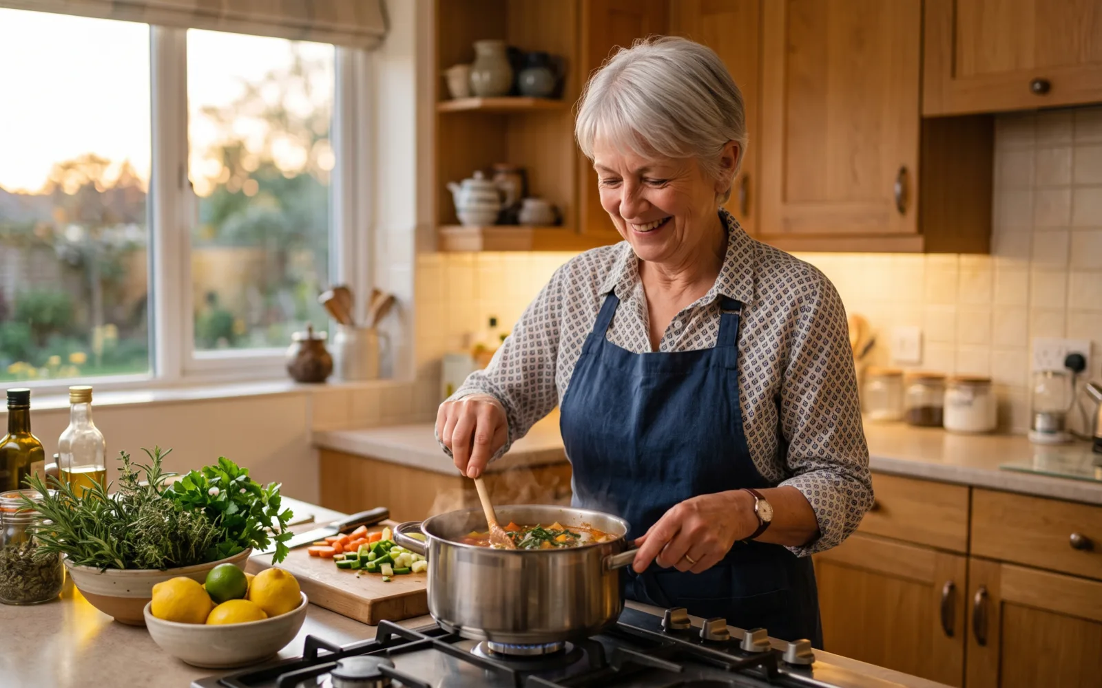 A smiling woman with short silver hair stirs a pot of soup on the stove, with herbs and a bowl of lemons on the counter.