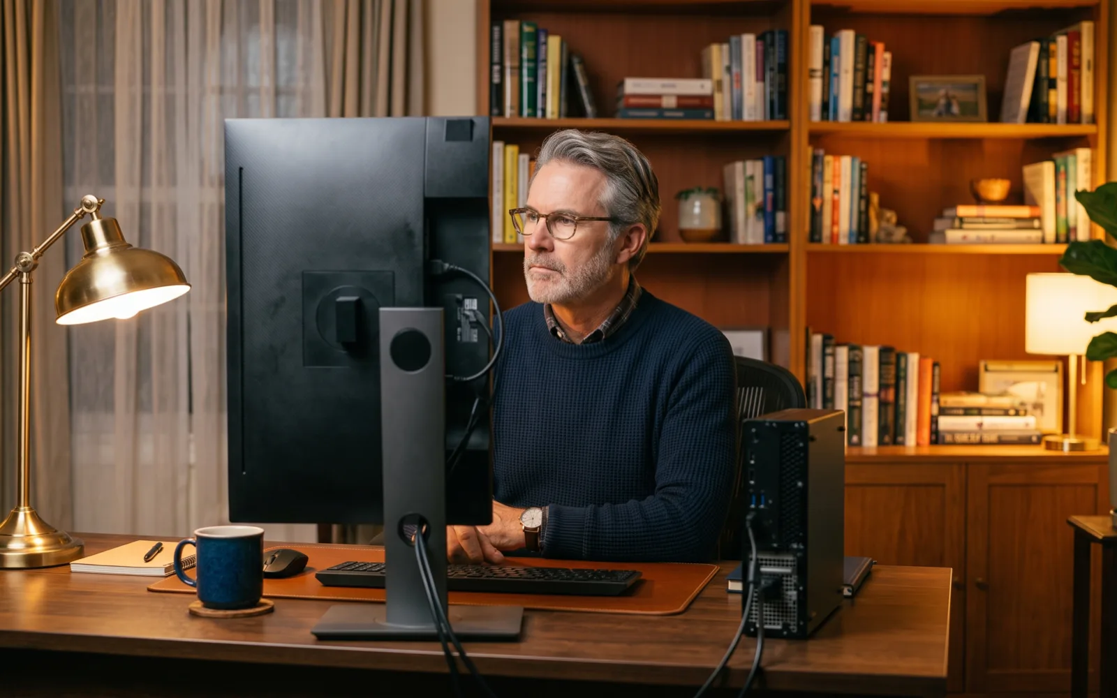 A man with glasses works at a desktop computer with a tower PC beside it in a warm, book-lined home office.