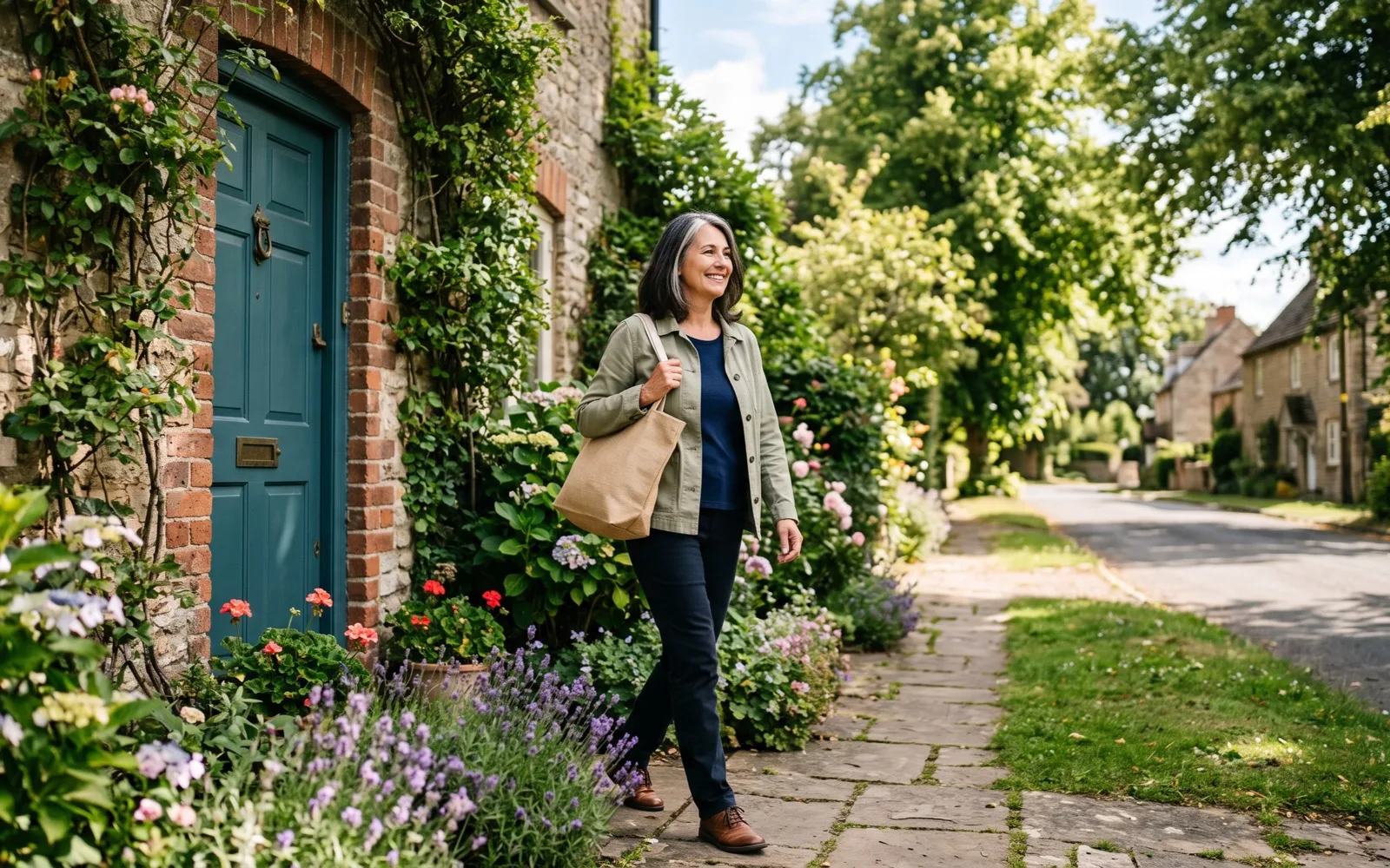 A smiling woman with grey-streaked dark hair steps out of her front door with a canvas bag onto a sunny, tree-lined street.