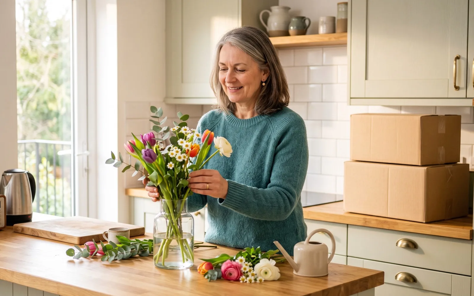 A smiling woman in a teal jumper arranges tulips in a vase in a bright kitchen, two moving boxes stacked behind her.
