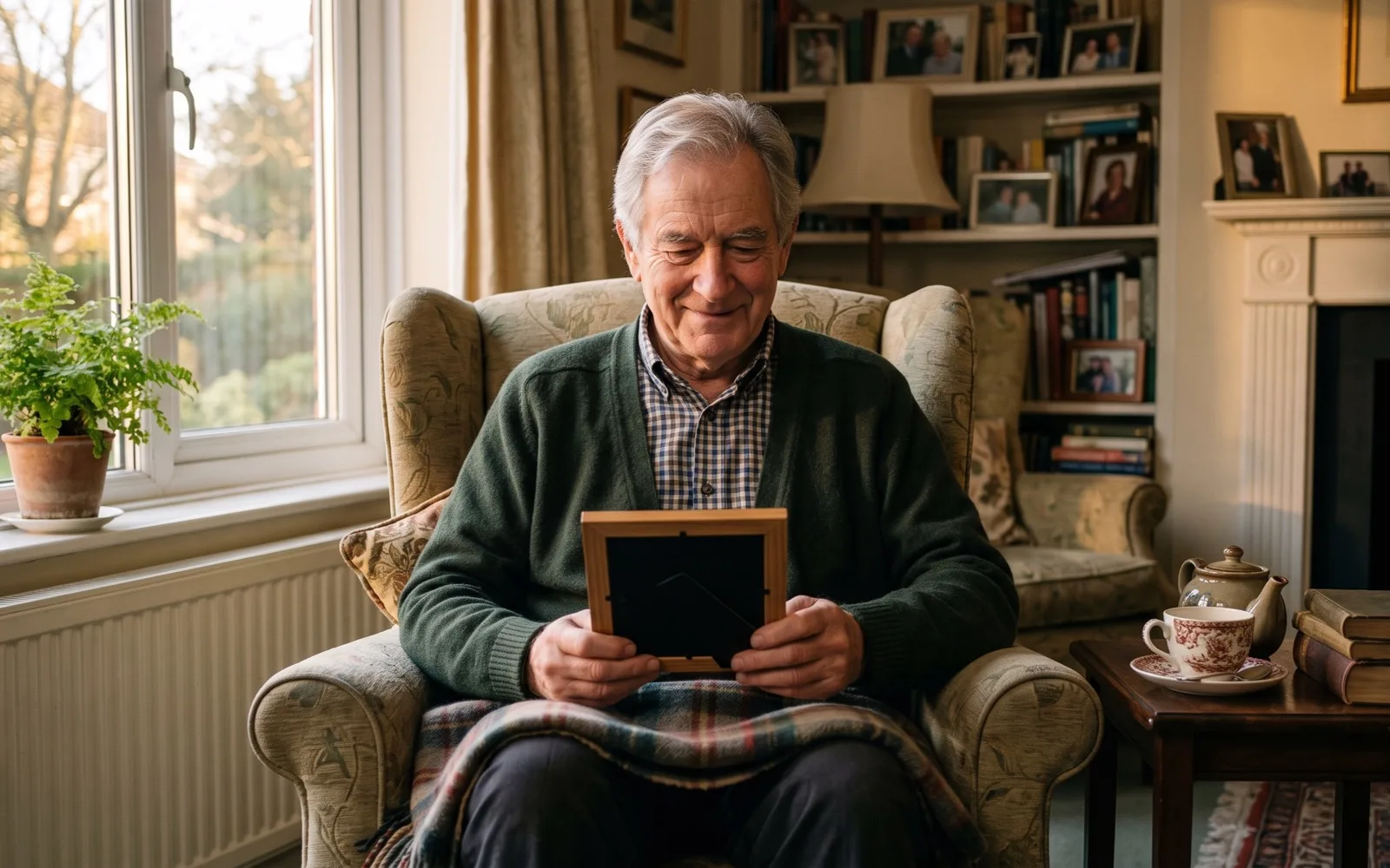 A smiling older man in a green cardigan holds a framed photograph in his lap in a lamp-lit armchair, a cup of tea beside him.