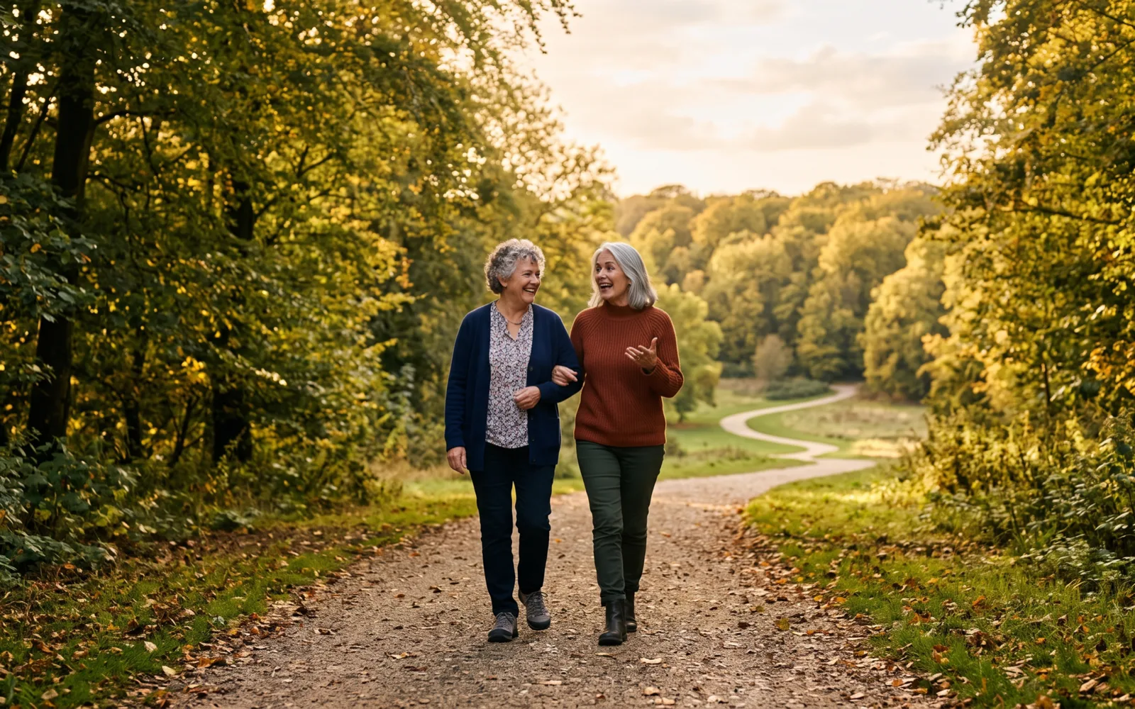 Two women in their sixties walk arm in arm along a tree-lined path in golden evening light.
