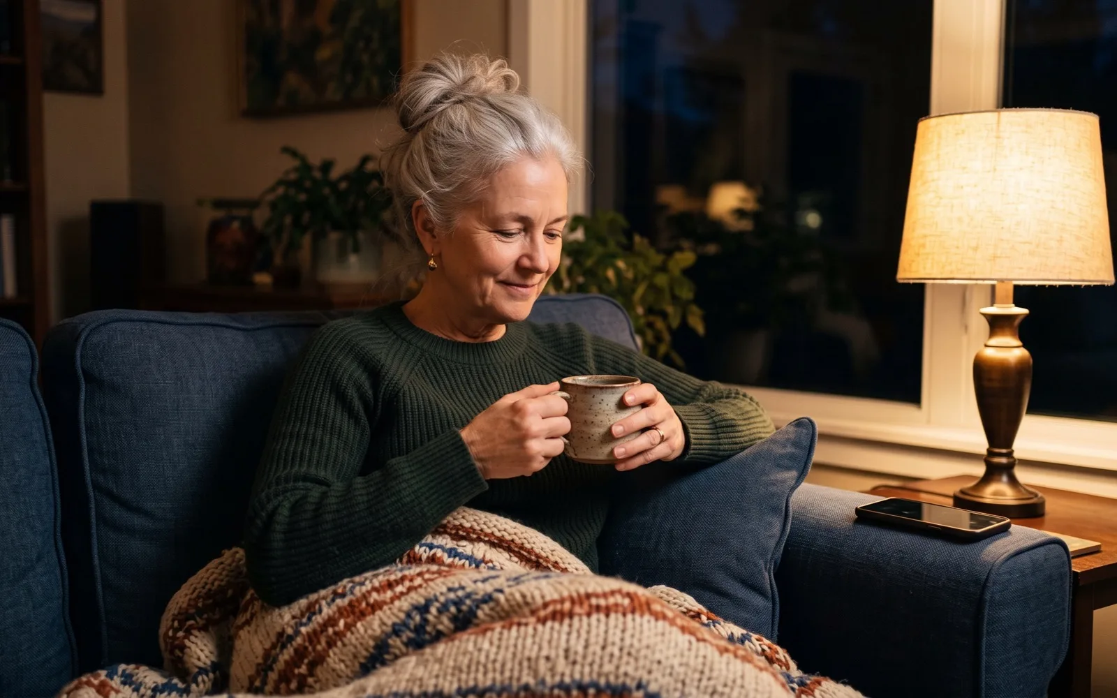 A silver-haired woman sips tea on a sofa under a knitted blanket in the evening, a table lamp glowing beside her.