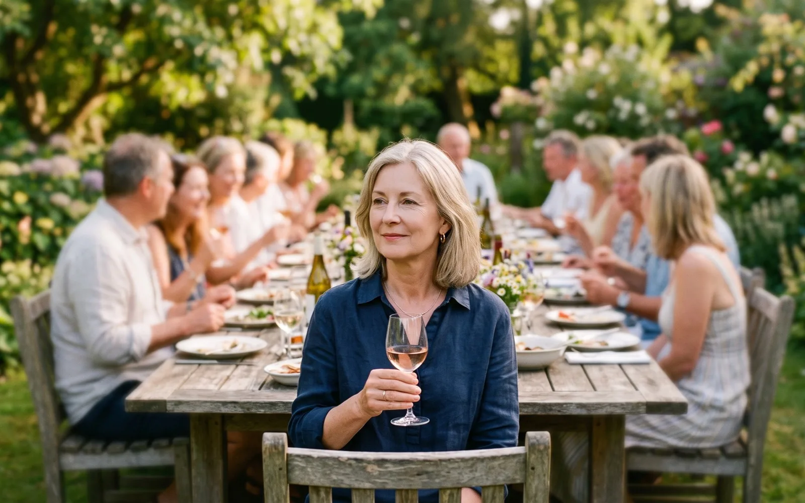 A smiling woman with ash-blonde hair holds a glass of rosé at the end of a long garden table, friends chatting behind her.