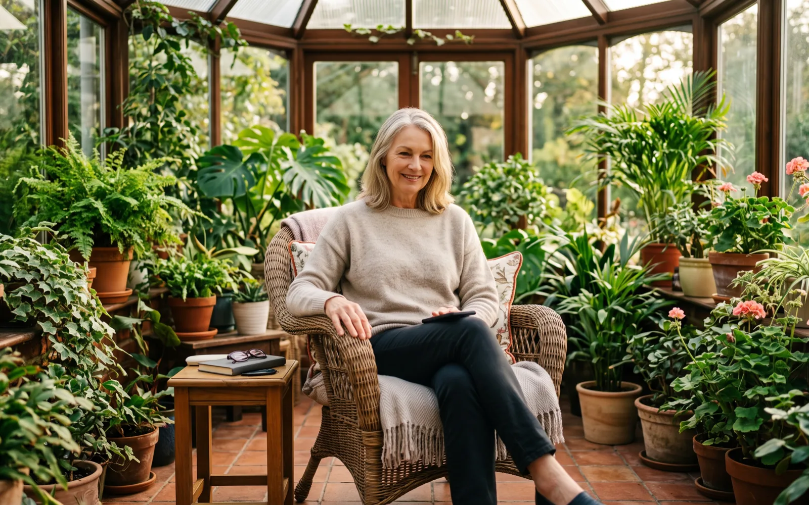 A smiling woman in a cream jumper relaxes in a wicker chair in a sunlit conservatory full of plants.